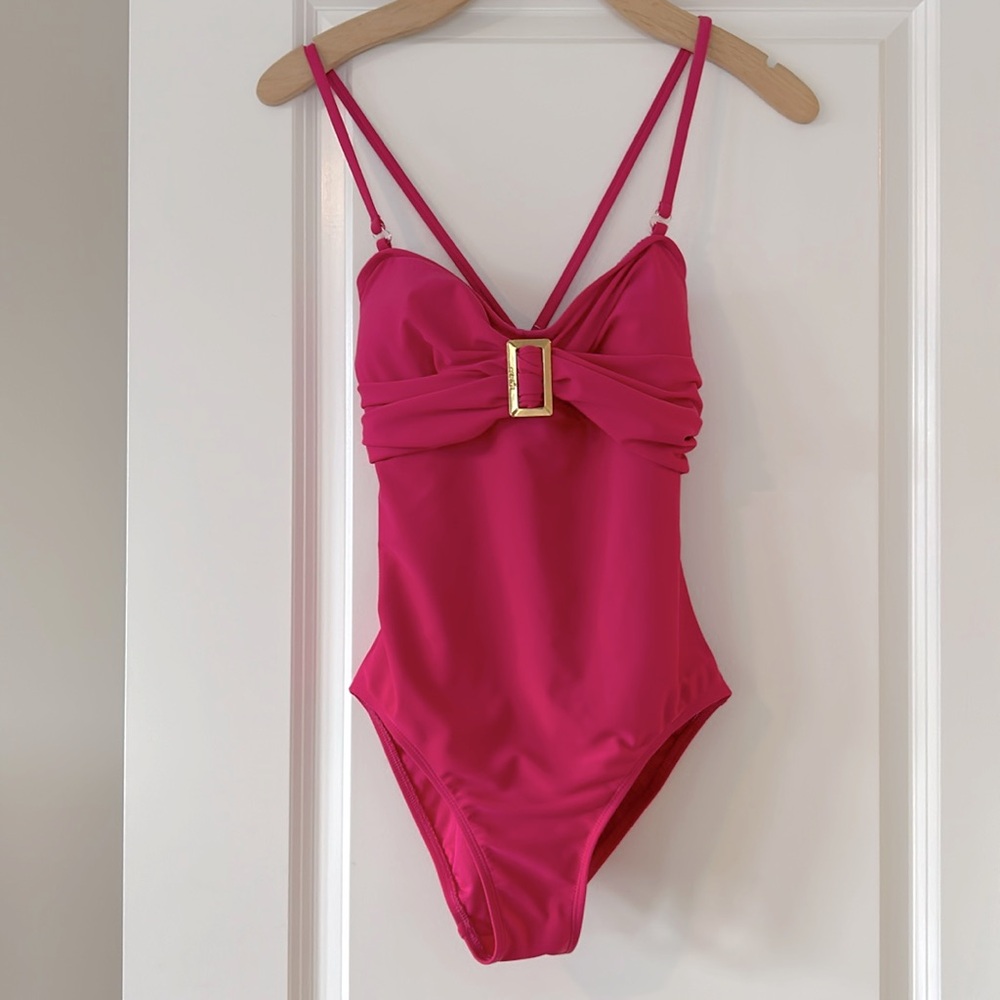 Catallina Hot Pink Ruched Bodice w Gold Buckle Detail 1-Piece Swimsuit Small 4-6